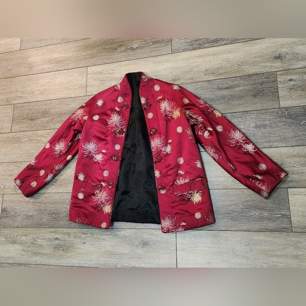 Vtg Reversible Chinese Brocade Jacket – Red / Black Gold, Frog Closure Women's S